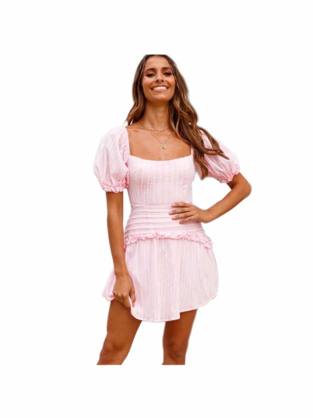Saints + Secrets light pink ruffle puff sleeve dress